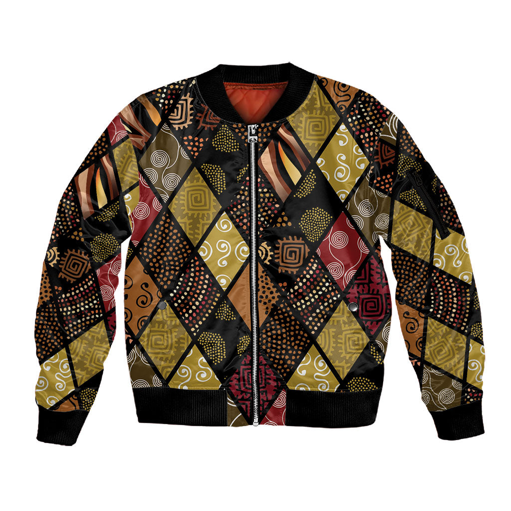 African American Quilt Inspired Sleeve Zip Bomber Jacket Ethnic Bohemian Rhombus Patchwork