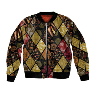African American Quilt Inspired Sleeve Zip Bomber Jacket Ethnic Bohemian Rhombus Patchwork