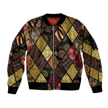 African American Quilt Inspired Sleeve Zip Bomber Jacket Ethnic Bohemian Rhombus Patchwork