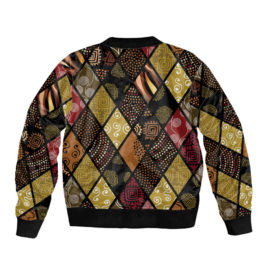 African American Quilt Inspired Sleeve Zip Bomber Jacket Ethnic Bohemian Rhombus Patchwork