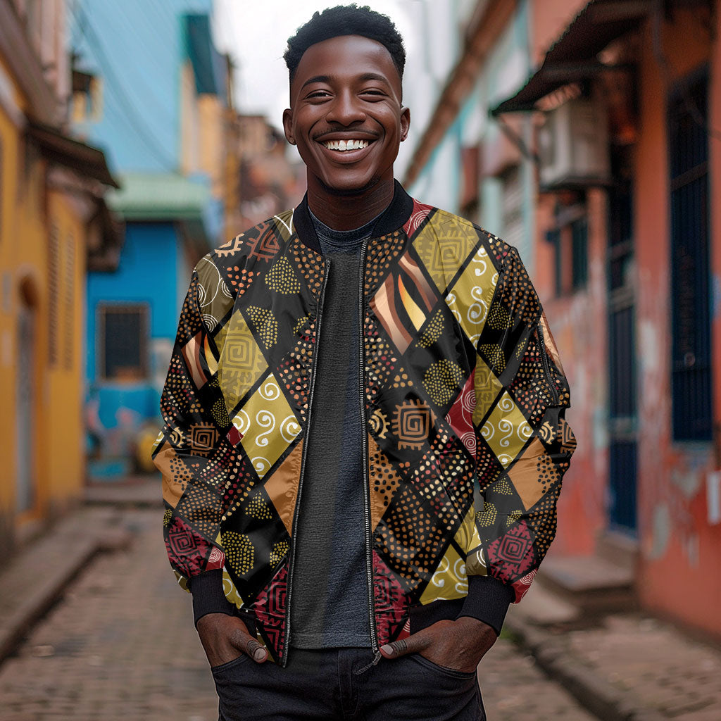 African American Quilt Inspired Sleeve Zip Bomber Jacket Ethnic Bohemian Rhombus Patchwork