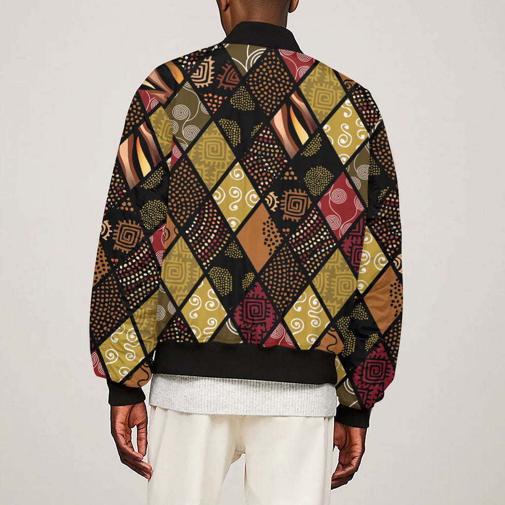 African American Quilt Inspired Sleeve Zip Bomber Jacket Ethnic Bohemian Rhombus Patchwork