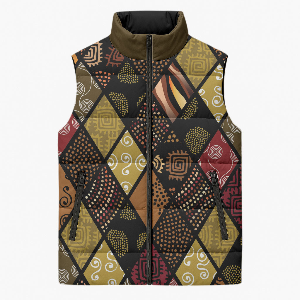 African American Quilt Inspired Sleeveless Puffer Jacket Ethnic Bohemian Rhombus Patchwork