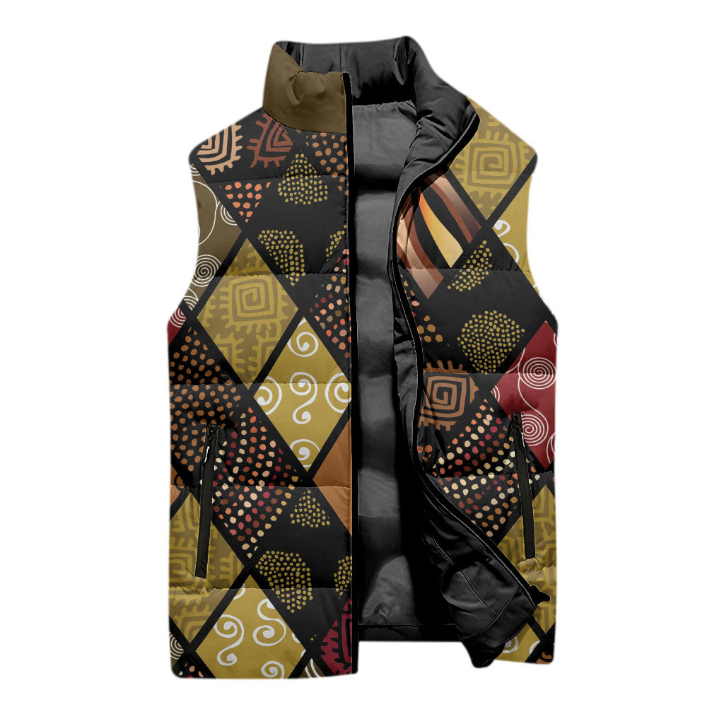 African American Quilt Inspired Sleeveless Puffer Jacket Ethnic Bohemian Rhombus Patchwork