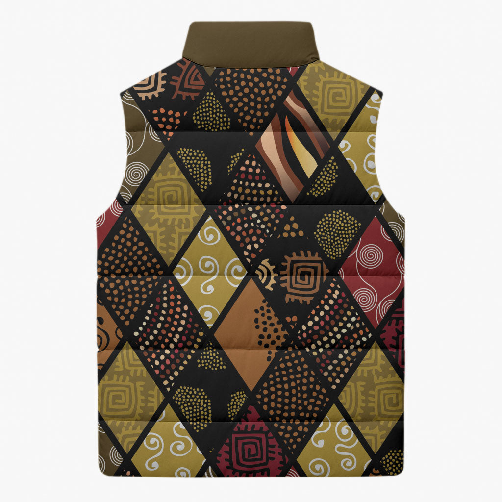 African American Quilt Inspired Sleeveless Puffer Jacket Ethnic Bohemian Rhombus Patchwork