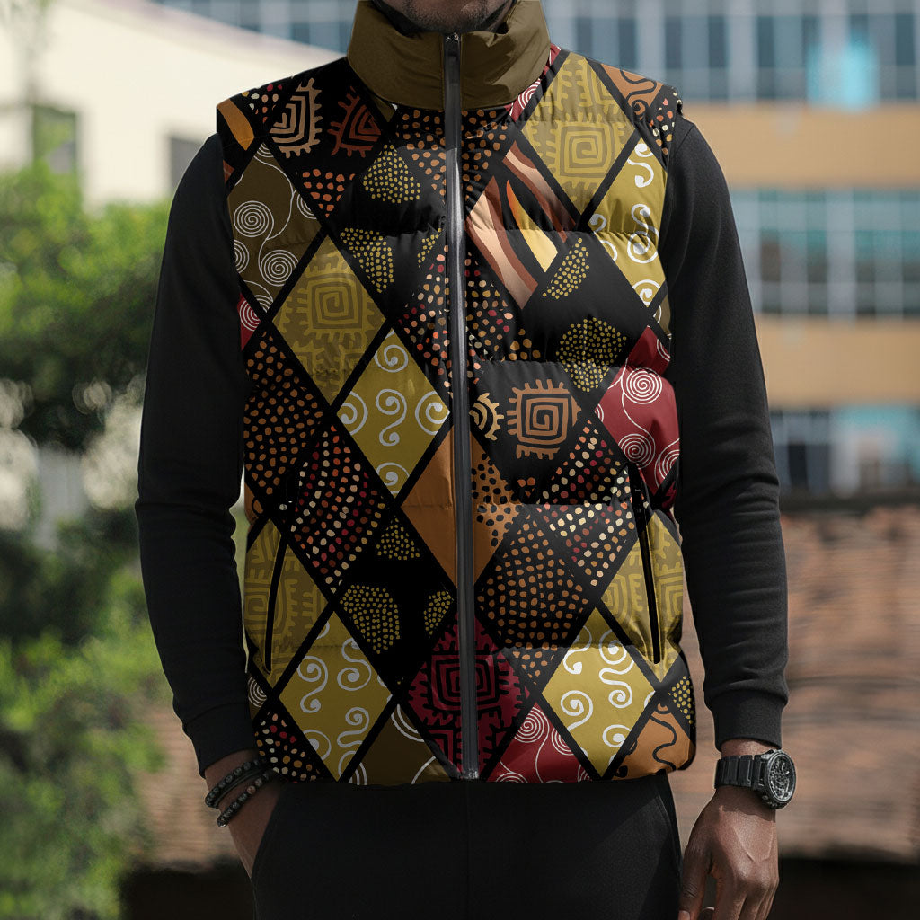 African American Quilt Inspired Sleeveless Puffer Jacket Ethnic Bohemian Rhombus Patchwork