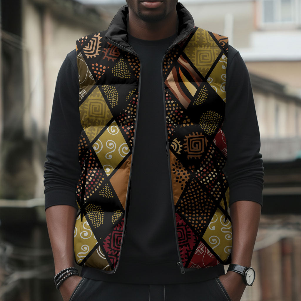African American Quilt Inspired Sleeveless Puffer Jacket Ethnic Bohemian Rhombus Patchwork
