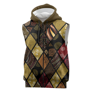 African American Quilt Inspired Sleeveless Zip Hoodie Ethnic Bohemian Rhombus Patchwork