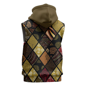 African American Quilt Inspired Sleeveless Zip Hoodie Ethnic Bohemian Rhombus Patchwork