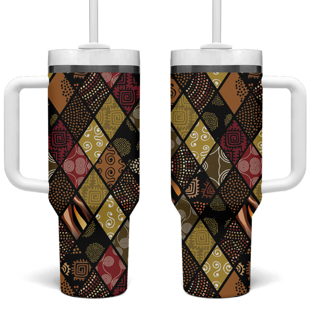African American Quilt Inspired Tumbler With Handle Ethnic Bohemian Rhombus Patchwork