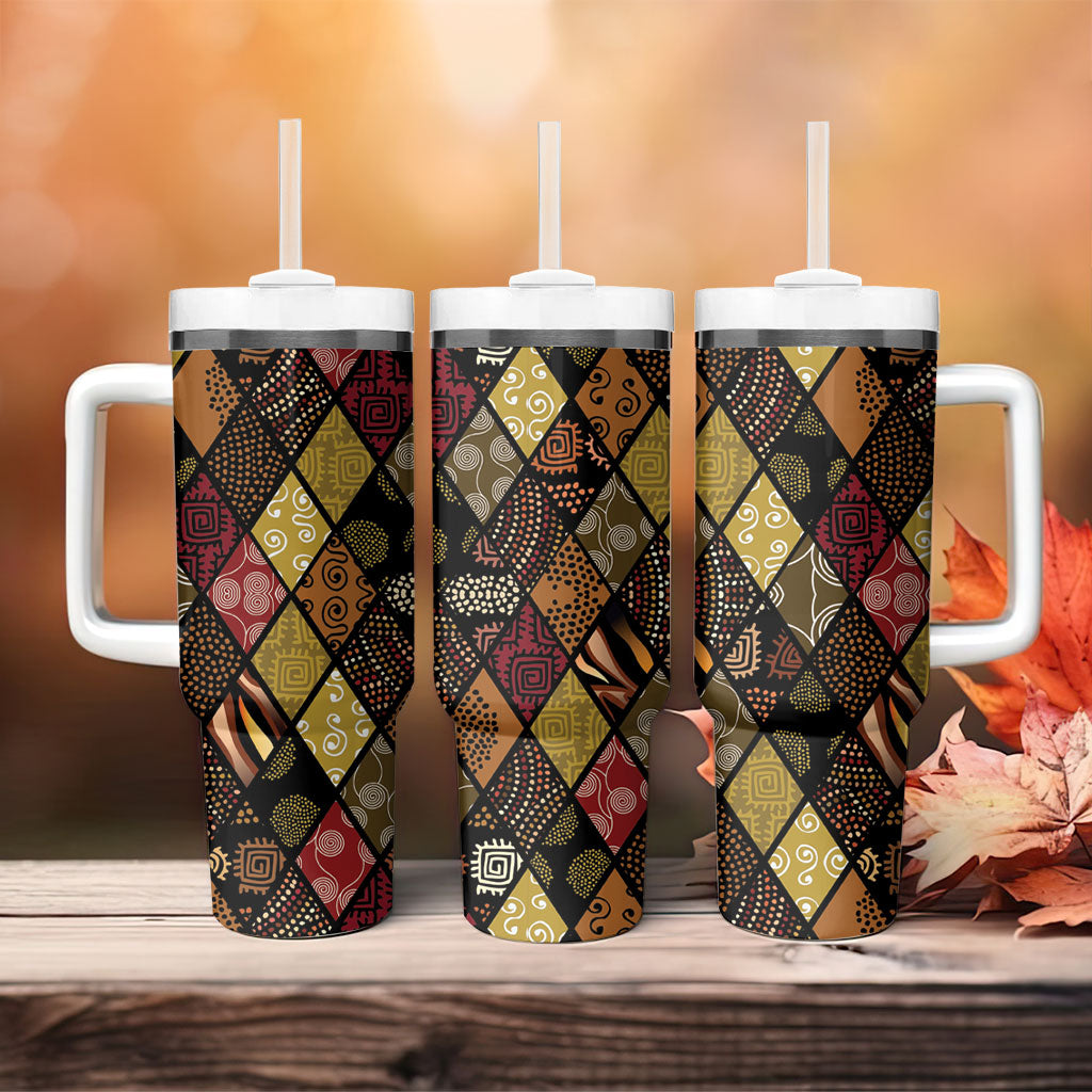 African American Quilt Inspired Tumbler With Handle Ethnic Bohemian Rhombus Patchwork