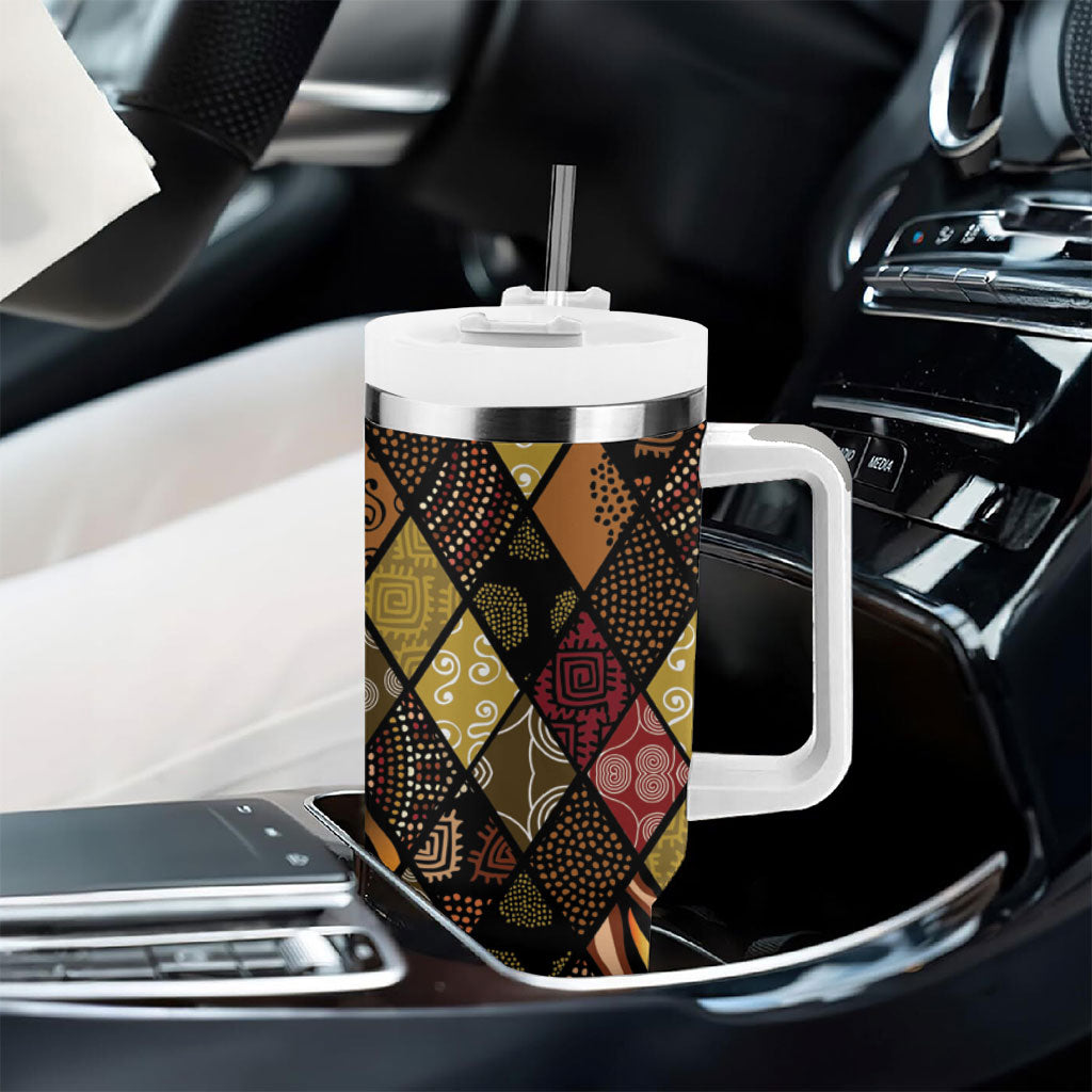 African American Quilt Inspired Tumbler With Handle Ethnic Bohemian Rhombus Patchwork