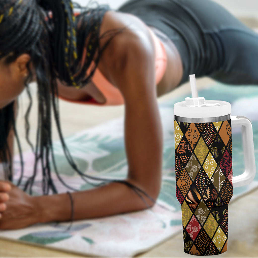 African American Quilt Inspired Tumbler With Handle Ethnic Bohemian Rhombus Patchwork