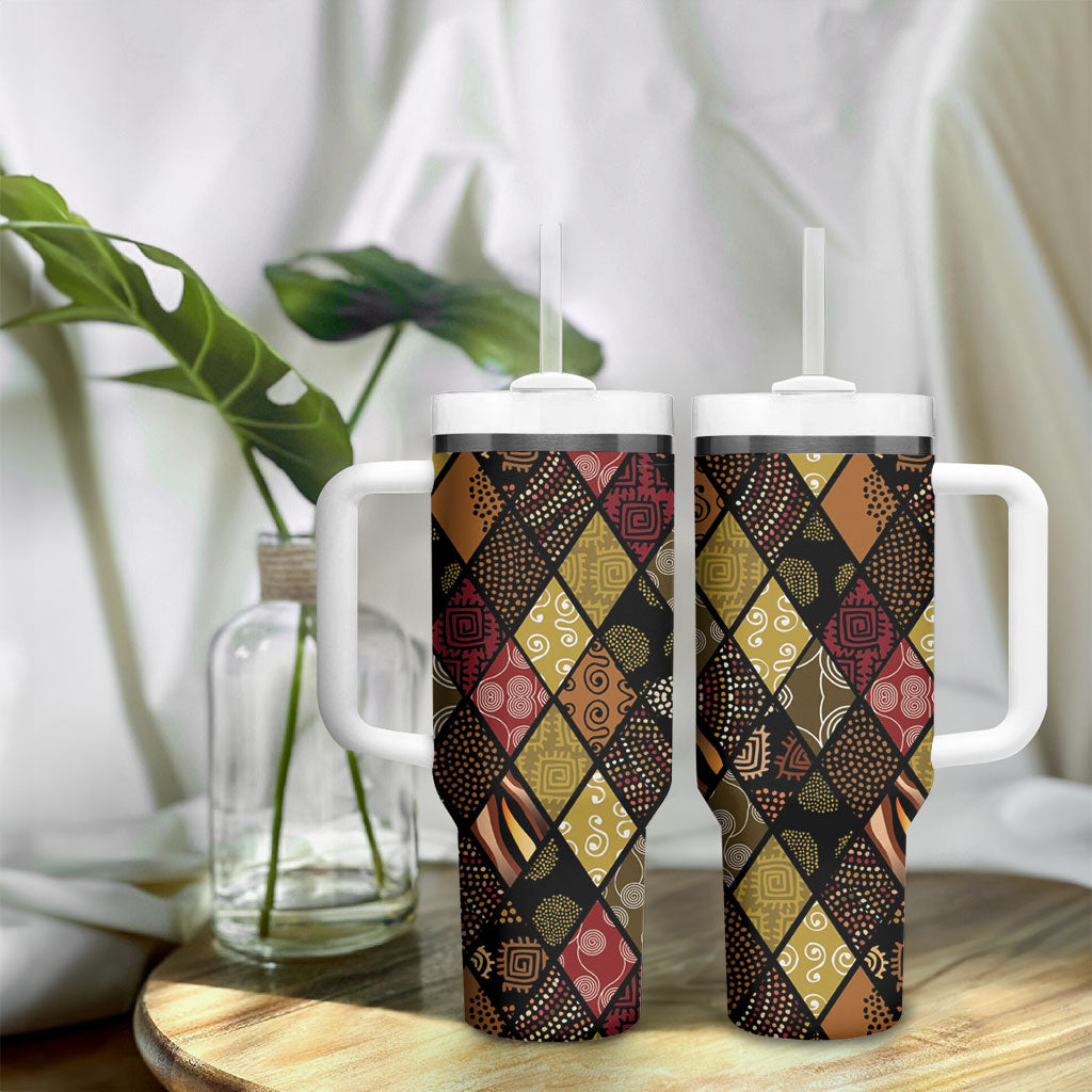 African American Quilt Inspired Tumbler With Handle Ethnic Bohemian Rhombus Patchwork