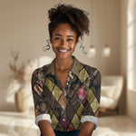 African American Quilt Inspired Women Casual Shirt Ethnic Bohemian Rhombus Patchwork