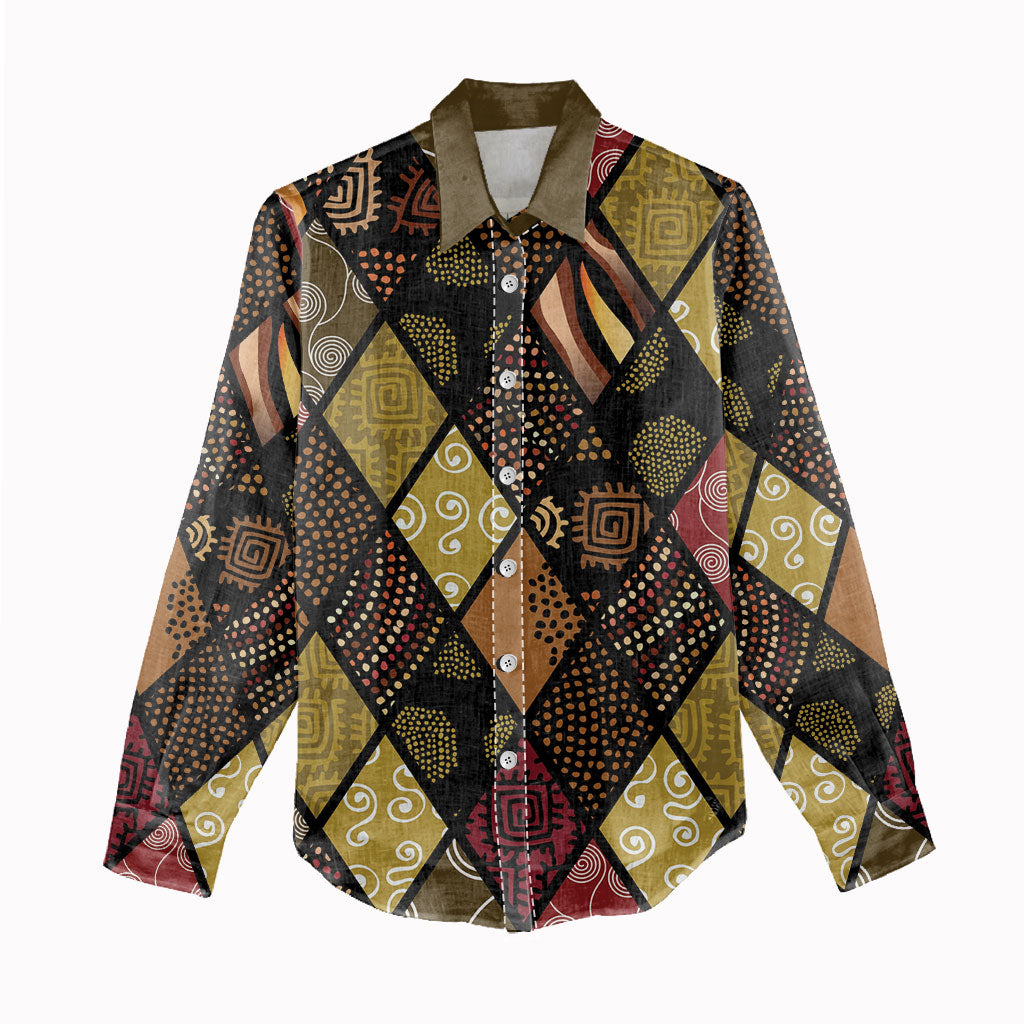 African American Quilt Inspired Women Casual Shirt Ethnic Bohemian Rhombus Patchwork