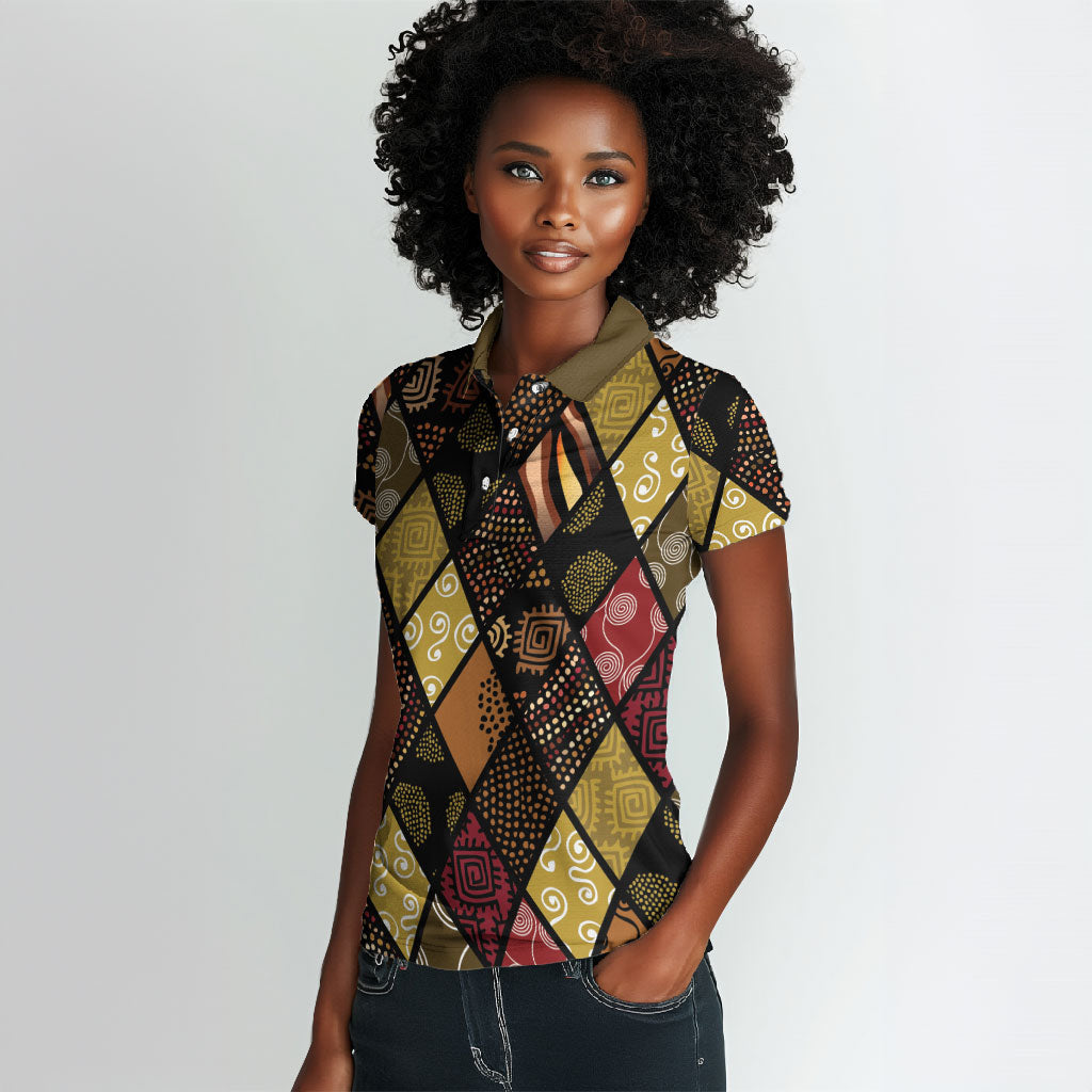 African American Quilt Inspired Women Polo Shirt Ethnic Bohemian Rhombus Patchwork
