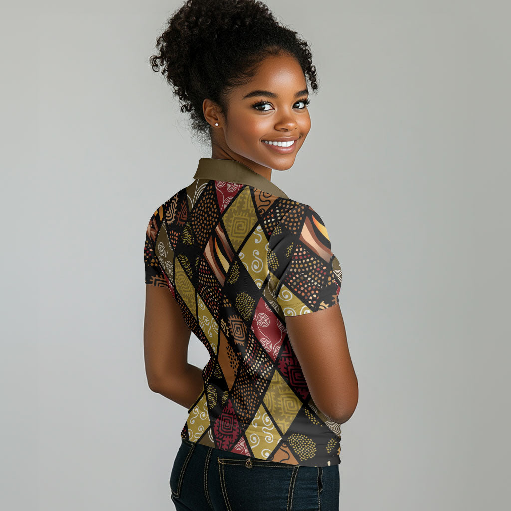 African American Quilt Inspired Women Polo Shirt Ethnic Bohemian Rhombus Patchwork