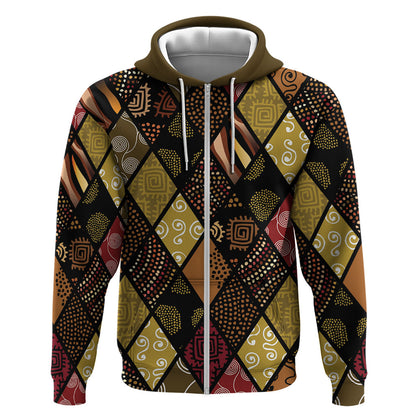 African American Quilt Inspired Zip Hoodie Ethnic Bohemian Rhombus Patchwork