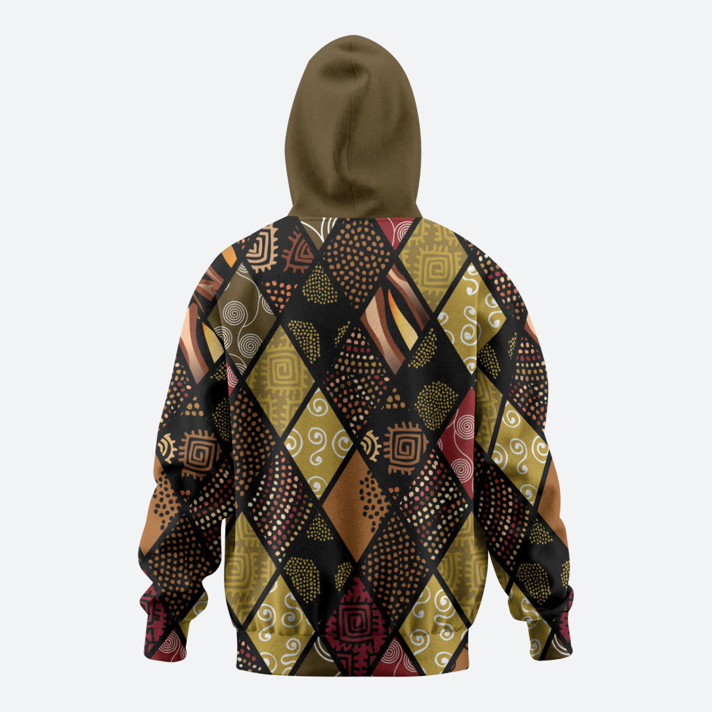 African American Quilt Inspired Zip Hoodie Ethnic Bohemian Rhombus Patchwork