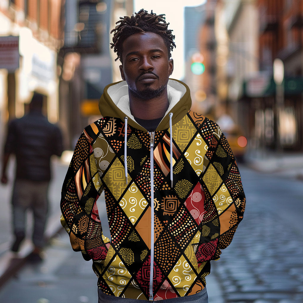 African American Quilt Inspired Zip Hoodie Ethnic Bohemian Rhombus Patchwork