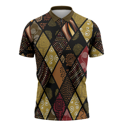 African American Quilt Inspired Zipper Polo Shirt Ethnic Bohemian Rhombus Patchwork