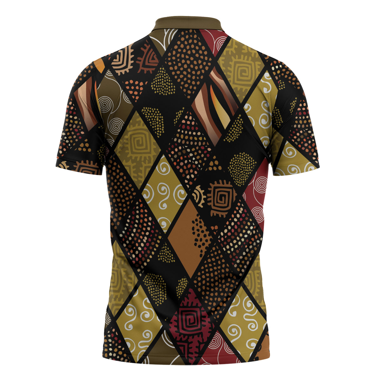African American Quilt Inspired Zipper Polo Shirt Ethnic Bohemian Rhombus Patchwork