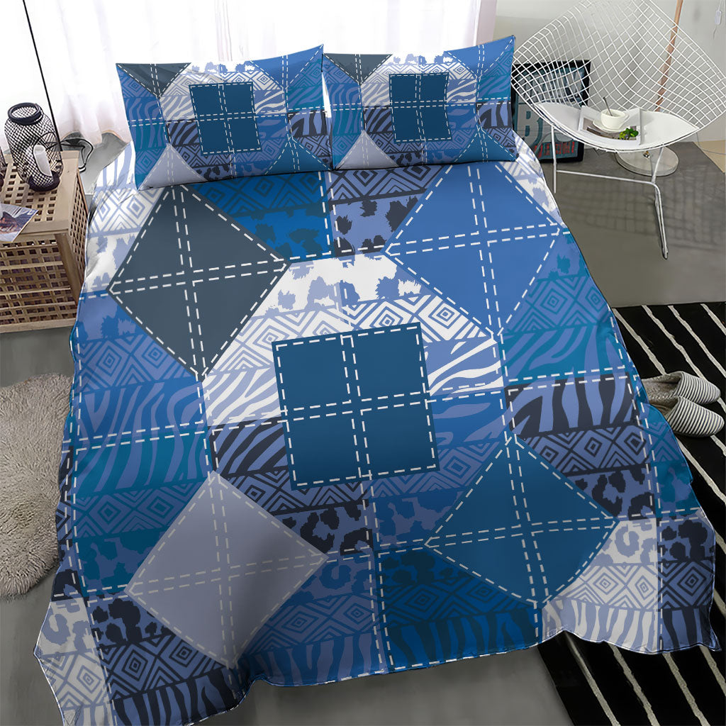 African American Quilt Inspired Bedding Set Wild Animal Skin African Blue Tribal Elements