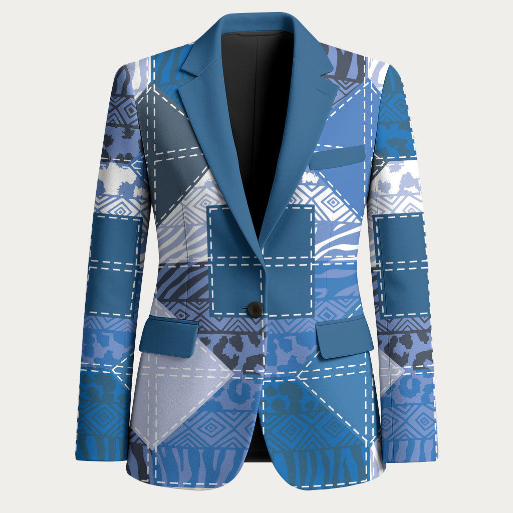 African American Quilt Inspired Blazer Wild Animal Skin African Blue Tribal Elements