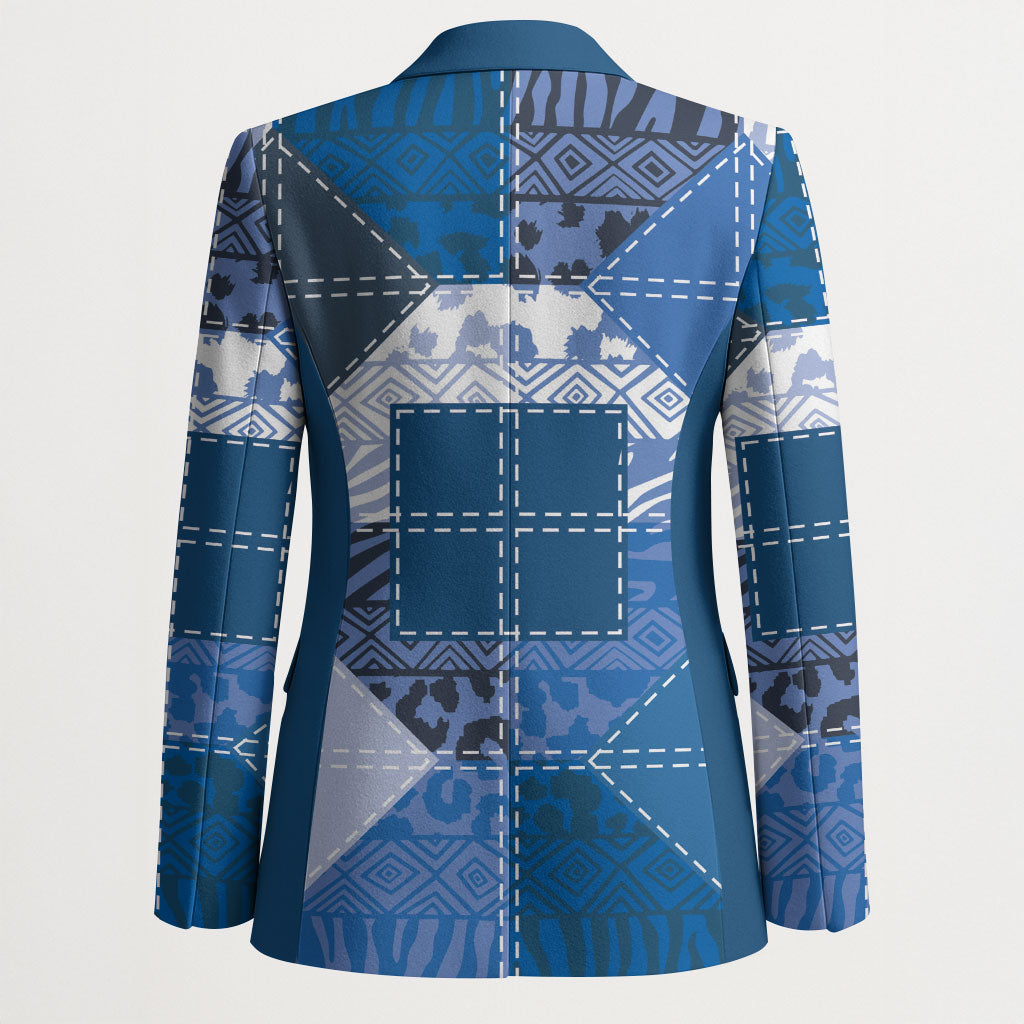 African American Quilt Inspired Blazer Wild Animal Skin African Blue Tribal Elements
