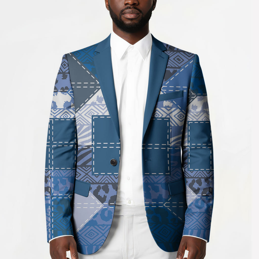 African American Quilt Inspired Blazer Wild Animal Skin African Blue Tribal Elements