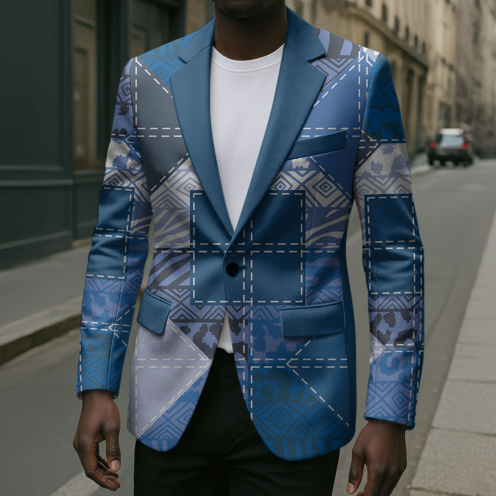 African American Quilt Inspired Blazer Wild Animal Skin African Blue Tribal Elements