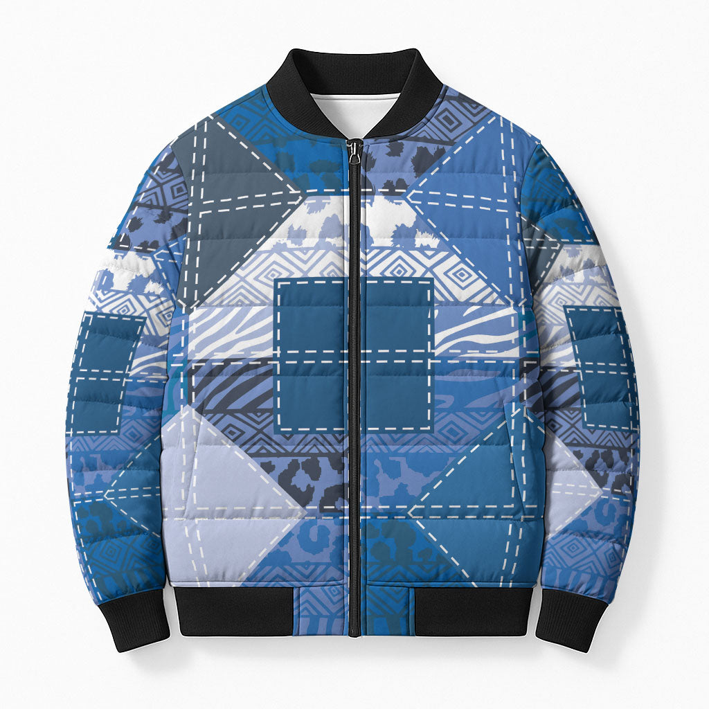 African American Quilt Inspired Bomber Puffer Jacket Wild Animal Skin African Blue Tribal Elements