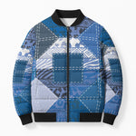 African American Quilt Inspired Bomber Puffer Jacket Wild Animal Skin African Blue Tribal Elements
