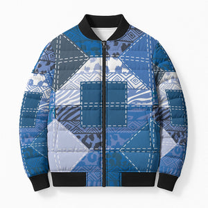 African American Quilt Inspired Bomber Puffer Jacket Wild Animal Skin African Blue Tribal Elements