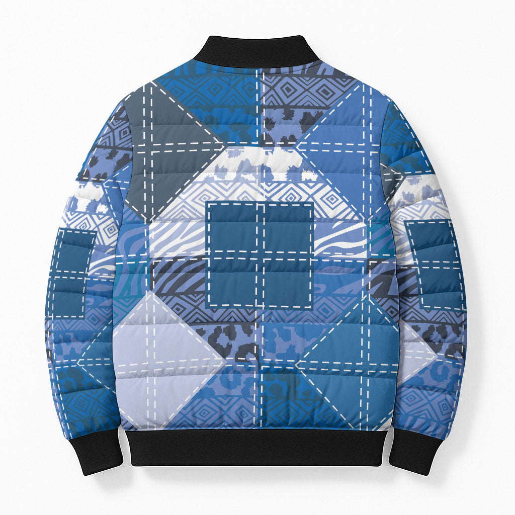 African American Quilt Inspired Bomber Puffer Jacket Wild Animal Skin African Blue Tribal Elements