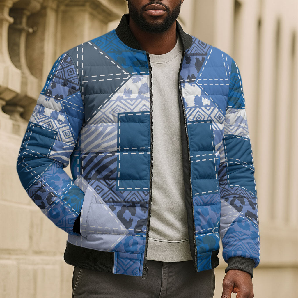 African American Quilt Inspired Bomber Puffer Jacket Wild Animal Skin African Blue Tribal Elements