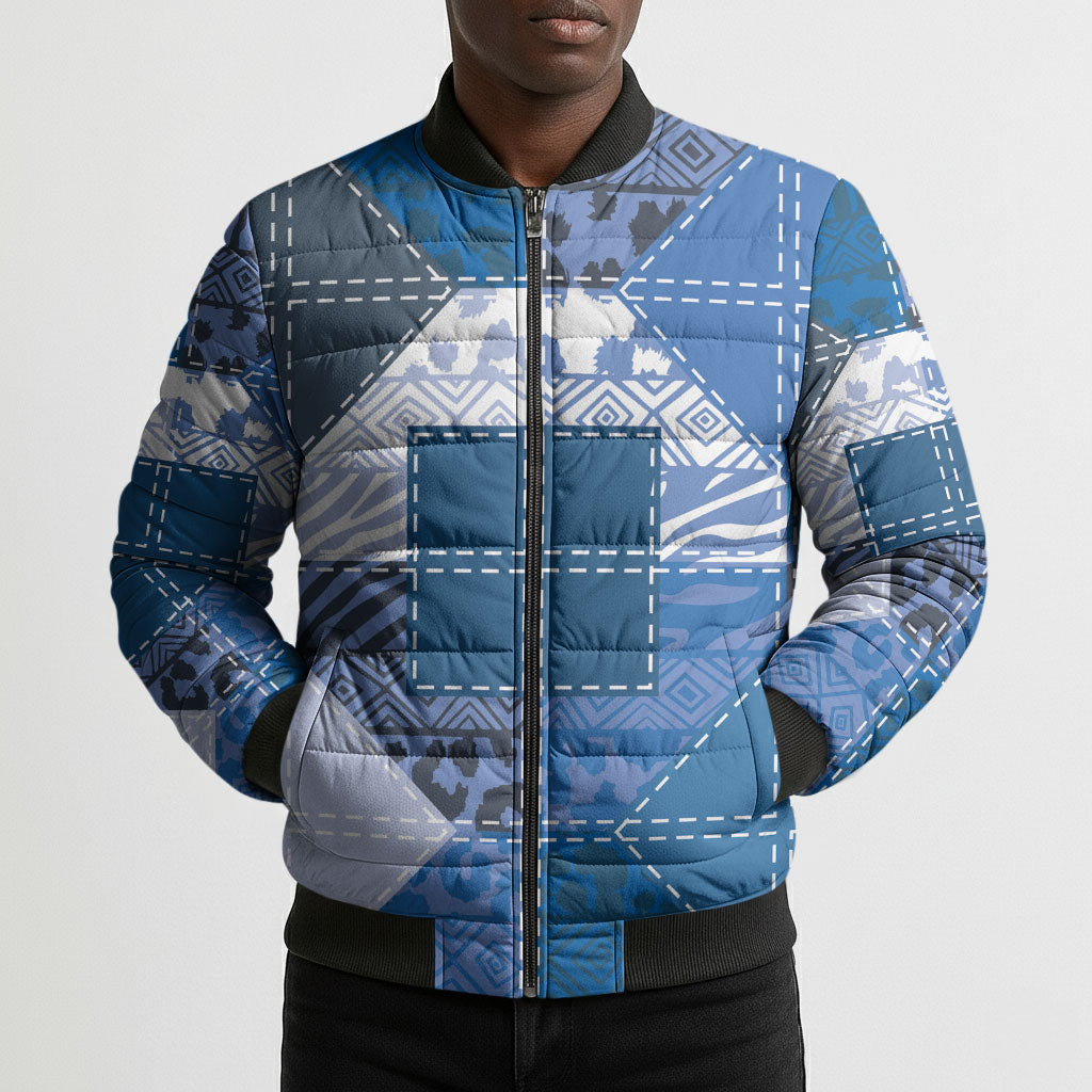 African American Quilt Inspired Bomber Puffer Jacket Wild Animal Skin African Blue Tribal Elements