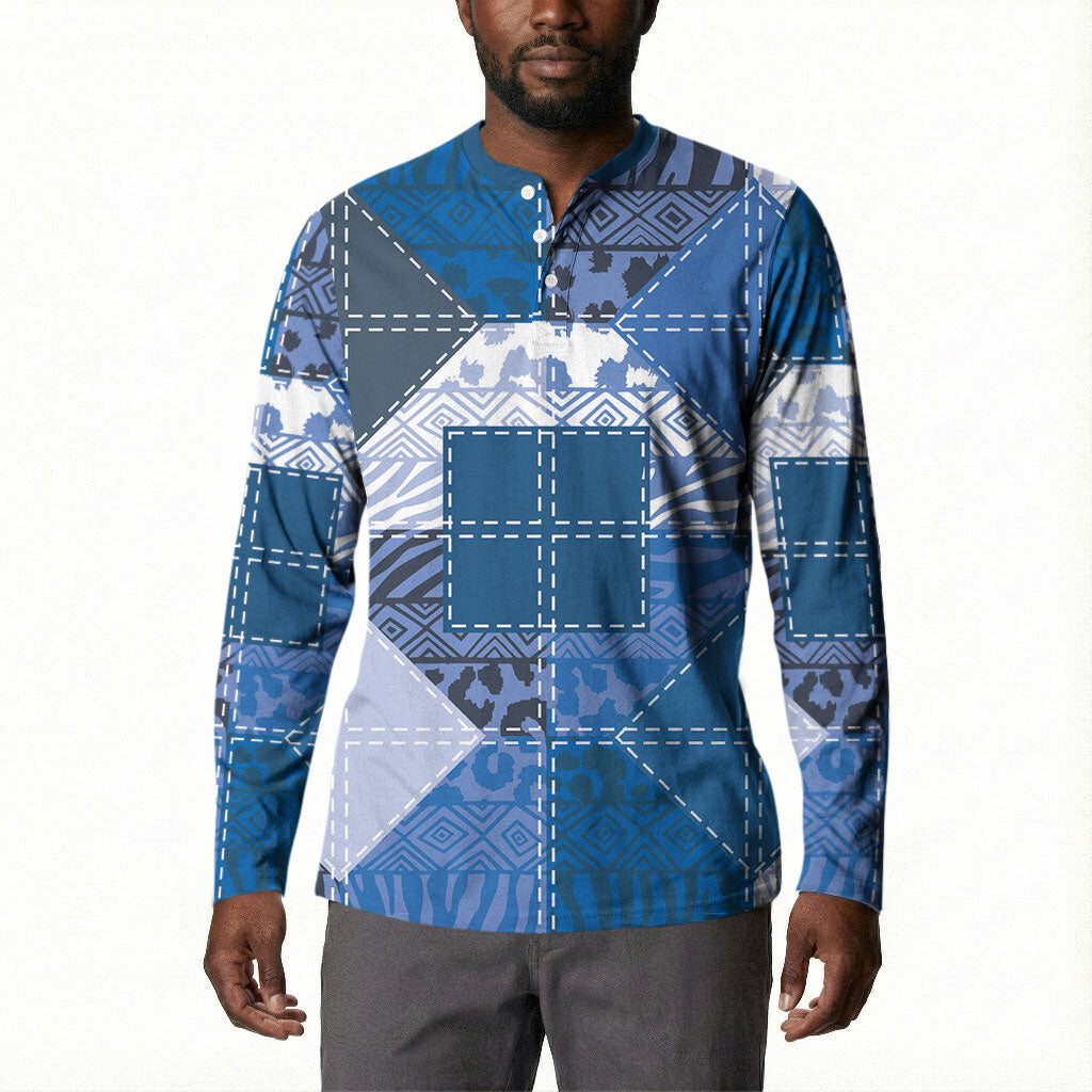 African American Quilt Inspired Button Sweatshirt Wild Animal Skin African Blue Tribal Elements
