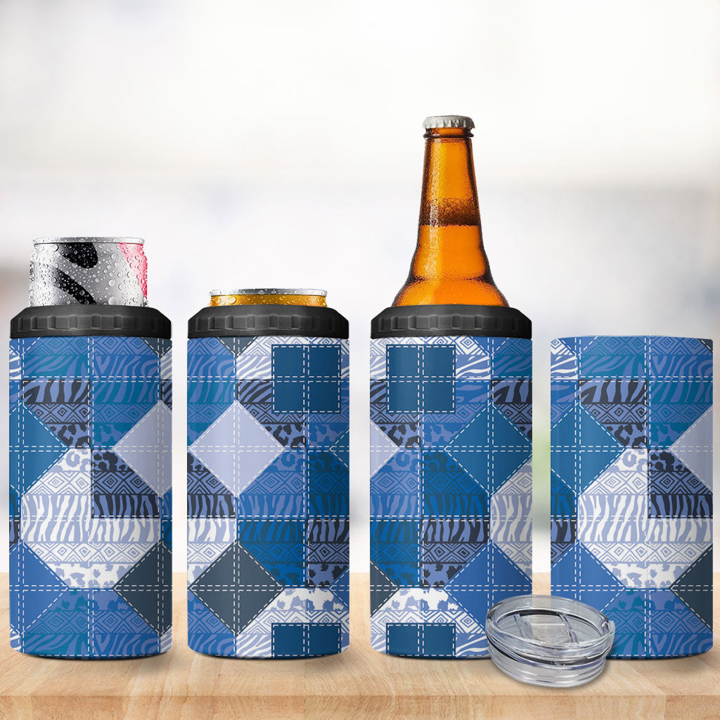African American Quilt Inspired 4 in 1 Can Cooler Tumbler Wild Animal Skin African Blue Tribal Elements