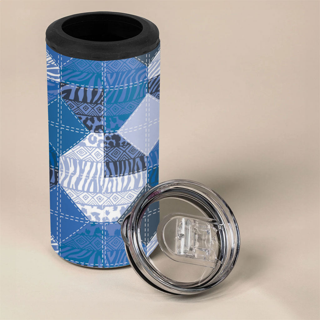 African American Quilt Inspired 4 in 1 Can Cooler Tumbler Wild Animal Skin African Blue Tribal Elements