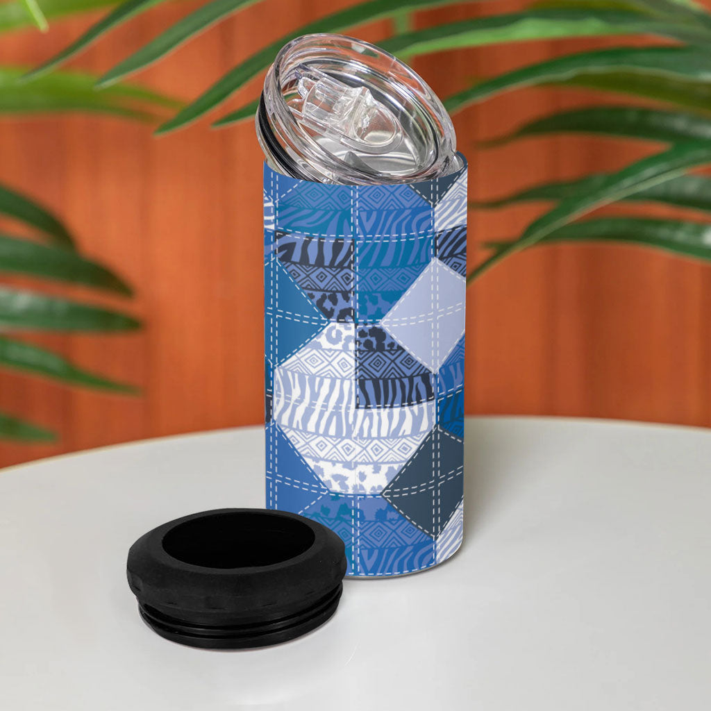 African American Quilt Inspired 4 in 1 Can Cooler Tumbler Wild Animal Skin African Blue Tribal Elements