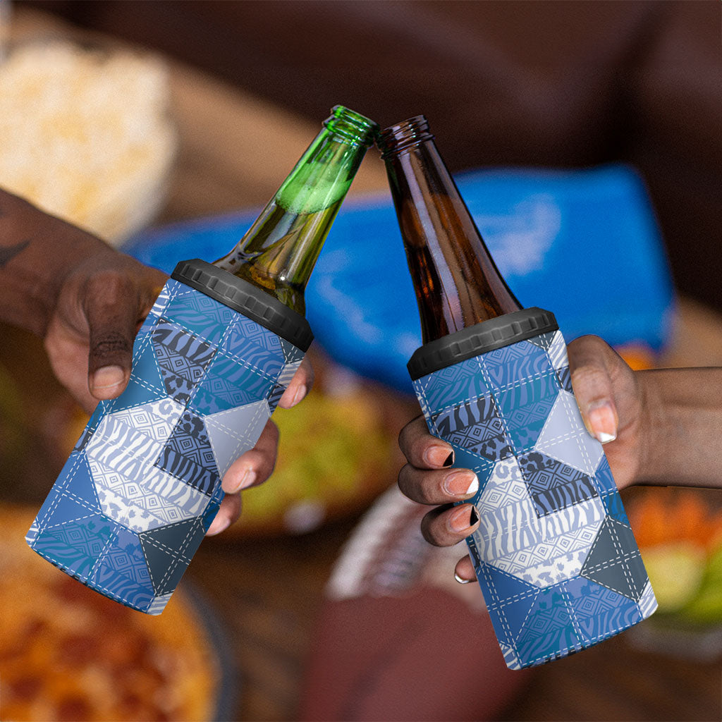 African American Quilt Inspired 4 in 1 Can Cooler Tumbler Wild Animal Skin African Blue Tribal Elements