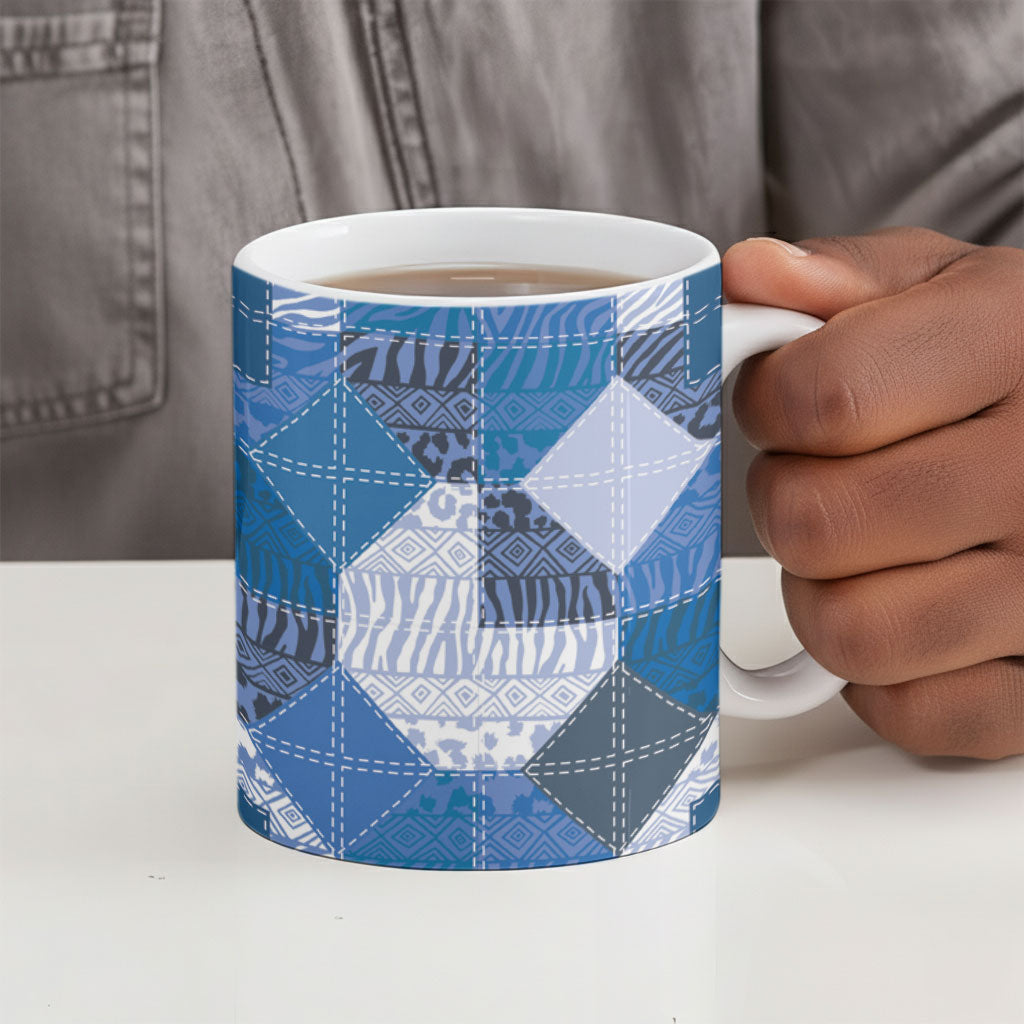African American Quilt Inspired Ceramic Mug Wild Animal Skin African Blue Tribal Elements