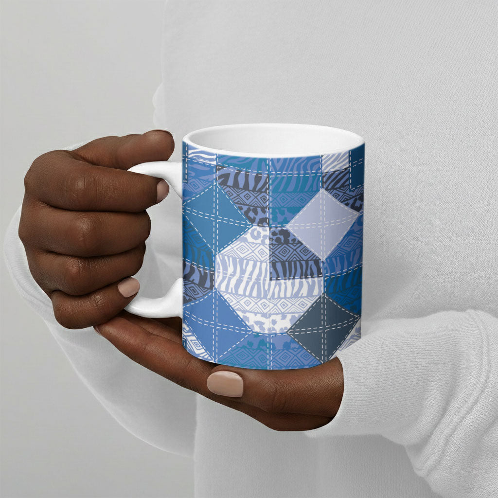 African American Quilt Inspired Ceramic Mug Wild Animal Skin African Blue Tribal Elements