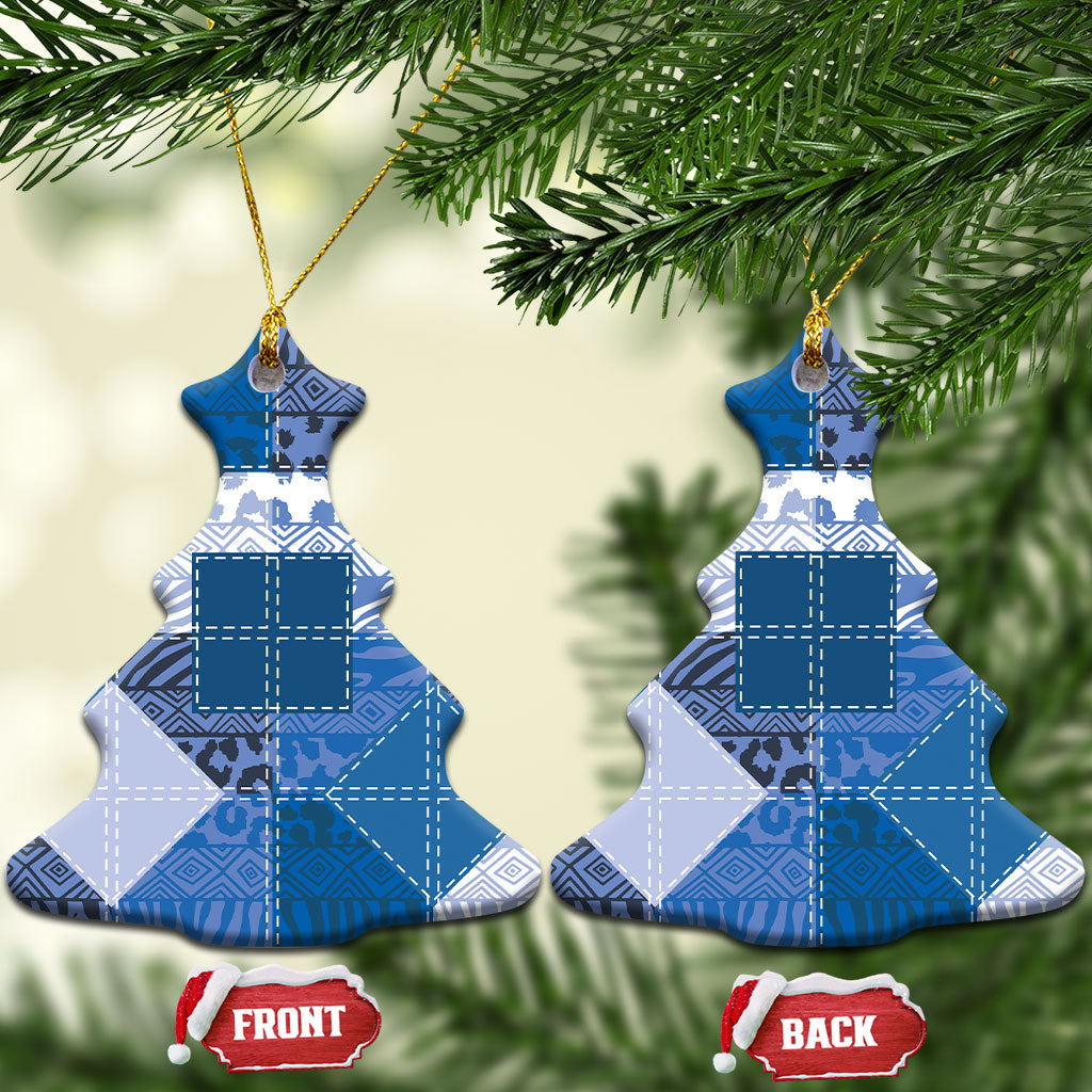 African American Quilt Inspired Ceramic Ornament Wild Animal Skin African Blue Tribal Elements