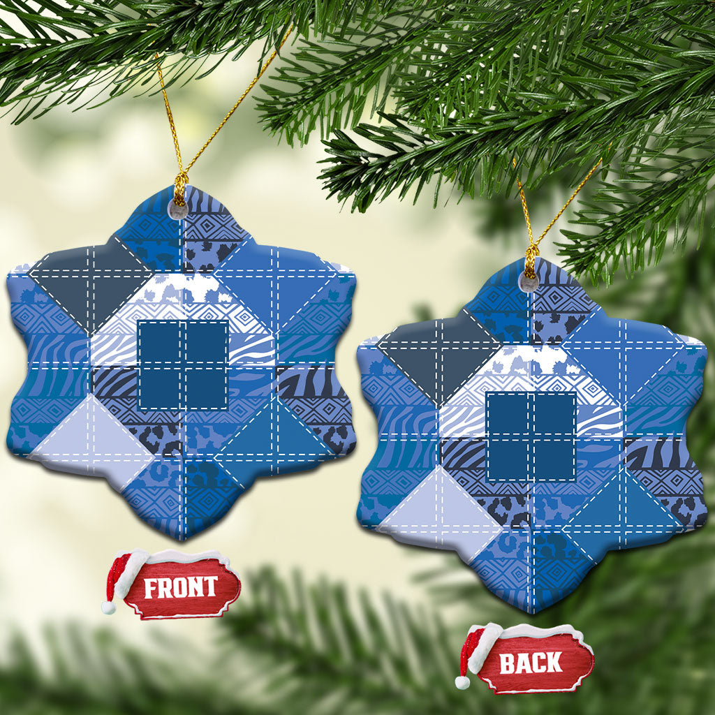African American Quilt Inspired Ceramic Ornament Wild Animal Skin African Blue Tribal Elements