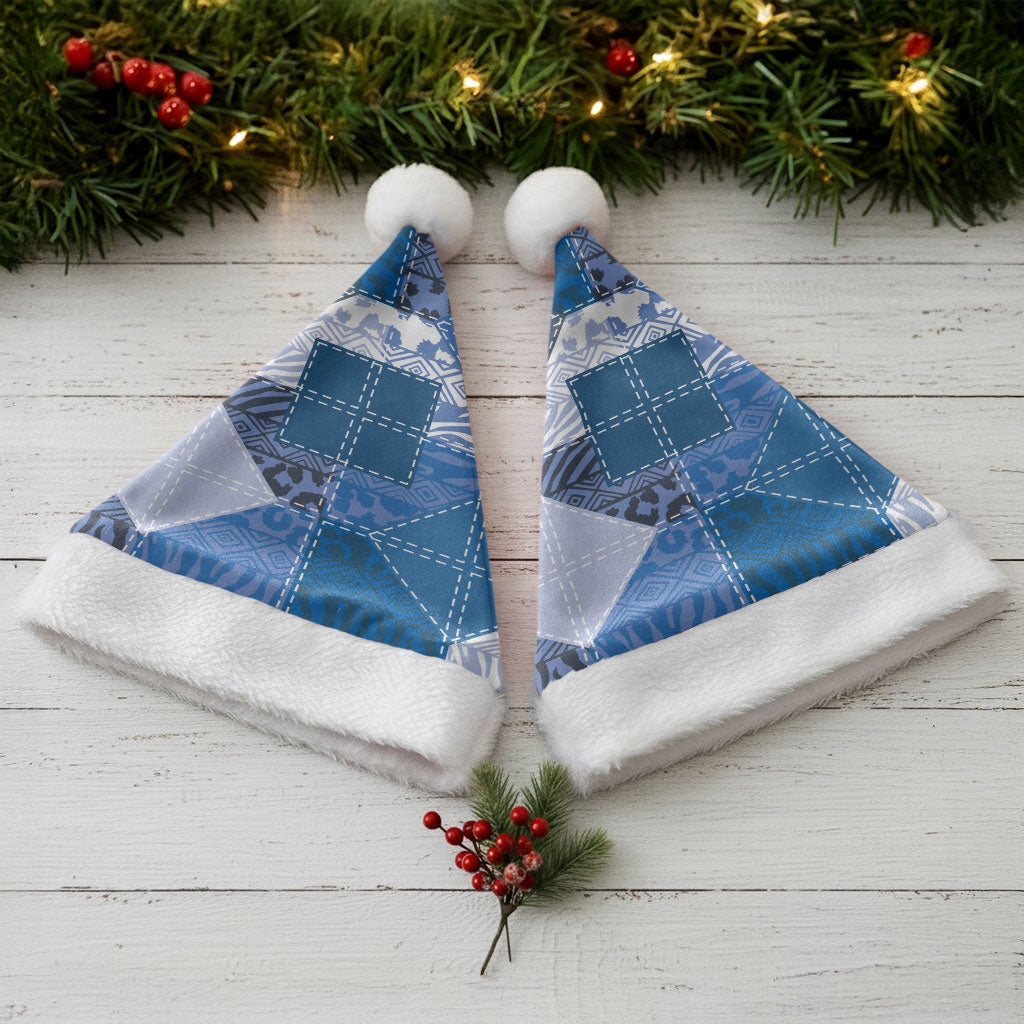 African American Quilt Inspired Christmas Santa Hat Wild Animal Skin African Blue Tribal Elements