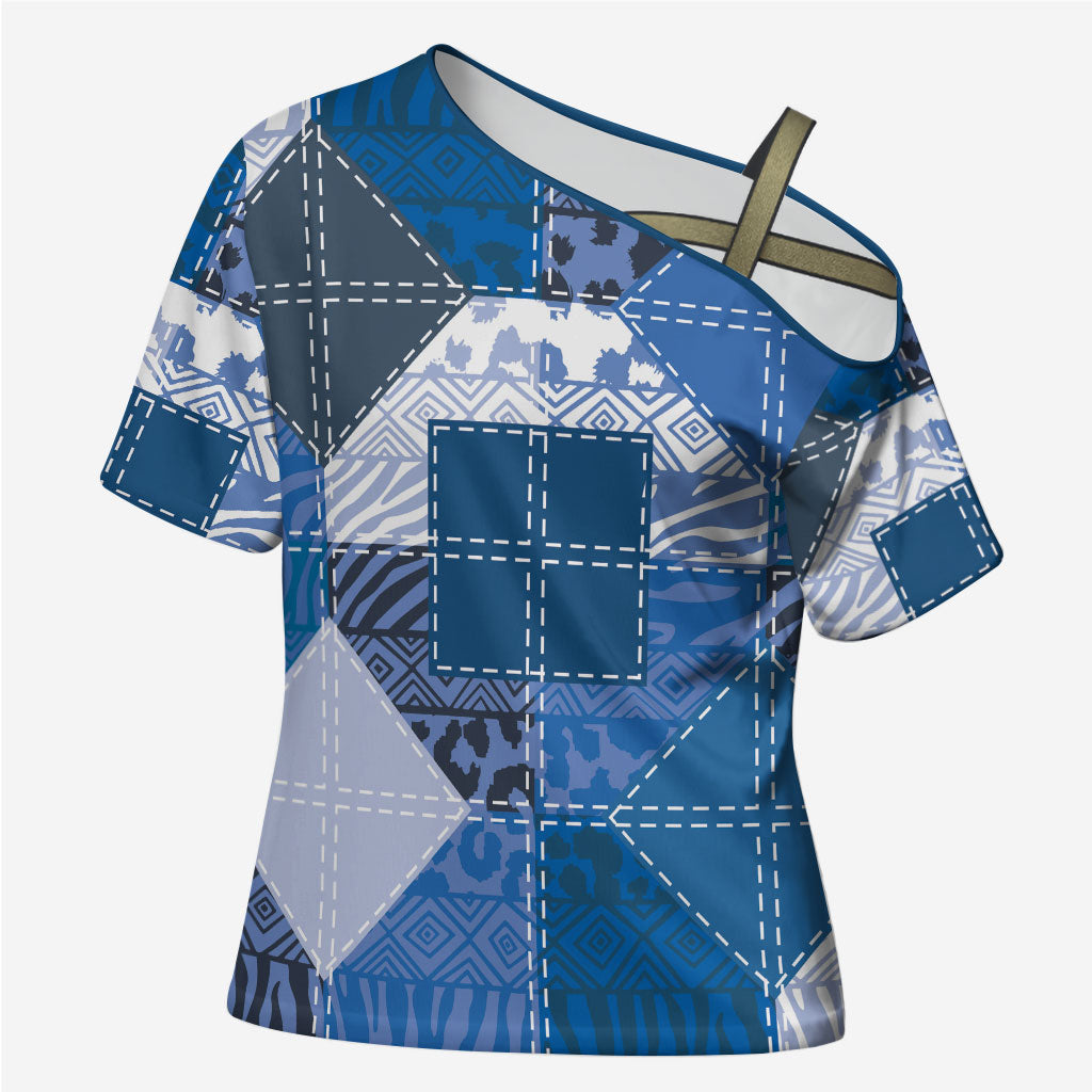 African American Quilt Inspired Cross Shoulder Shirt Wild Animal Skin African Blue Tribal Elements