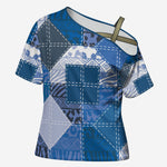 African American Quilt Inspired Cross Shoulder Shirt Wild Animal Skin African Blue Tribal Elements
